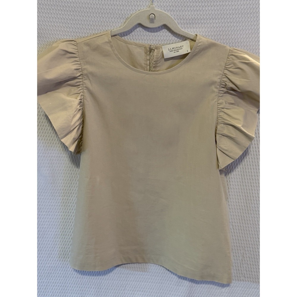 Luminary Light Beige Ruffle Sleeve Button Back Blouse Women 100% Cotton Size L